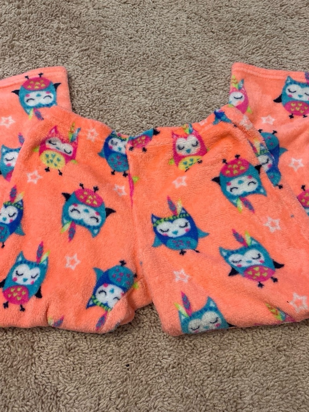 Kids Coral Orange Owl Fleece Pajama Pants